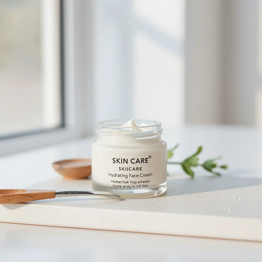 Hydrating face cream jar with a spatula on a clean surface under soft natural light